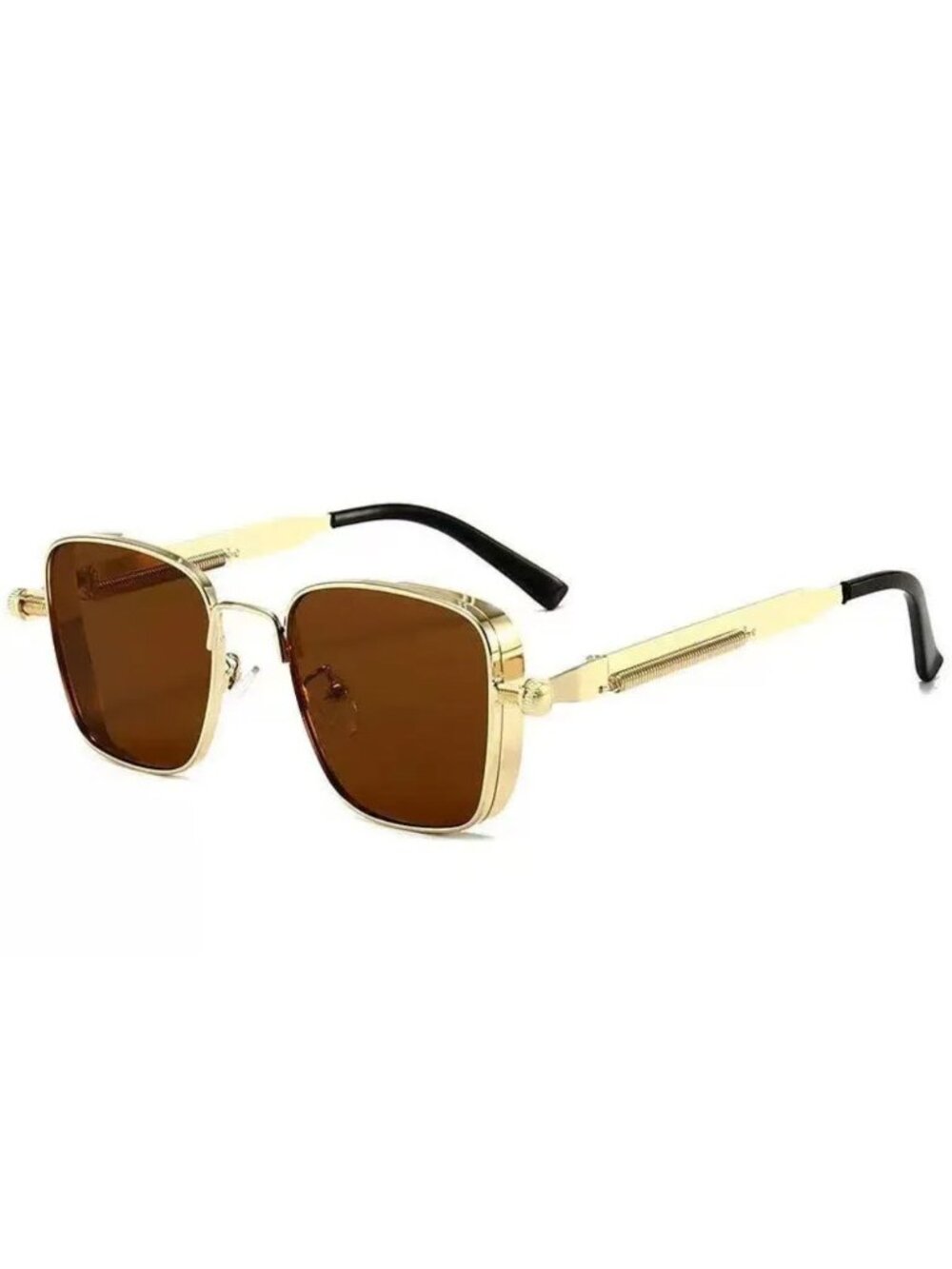 Retro Unisex Square Gold Metal Frame Sunglasses W/ Brown Tea Lenses Spring Hinge